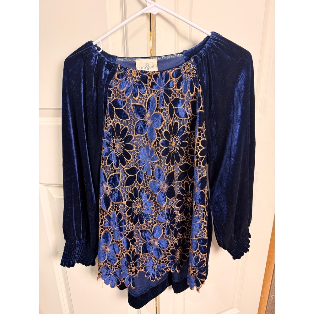 Umgee Navy Velvet Floral Lace Blouse Metallic Gold Embroidery Balloon Sleeve M